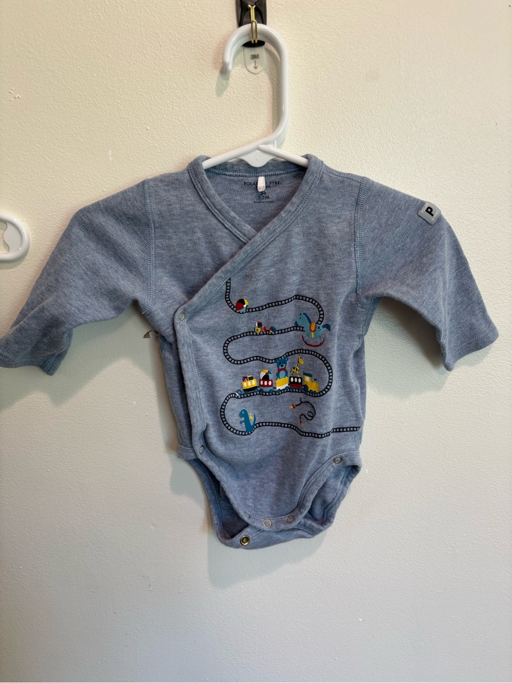 Polarn O. Pyret Light Blue Wrap-Front One-Piece with Train Motif newborn kimono